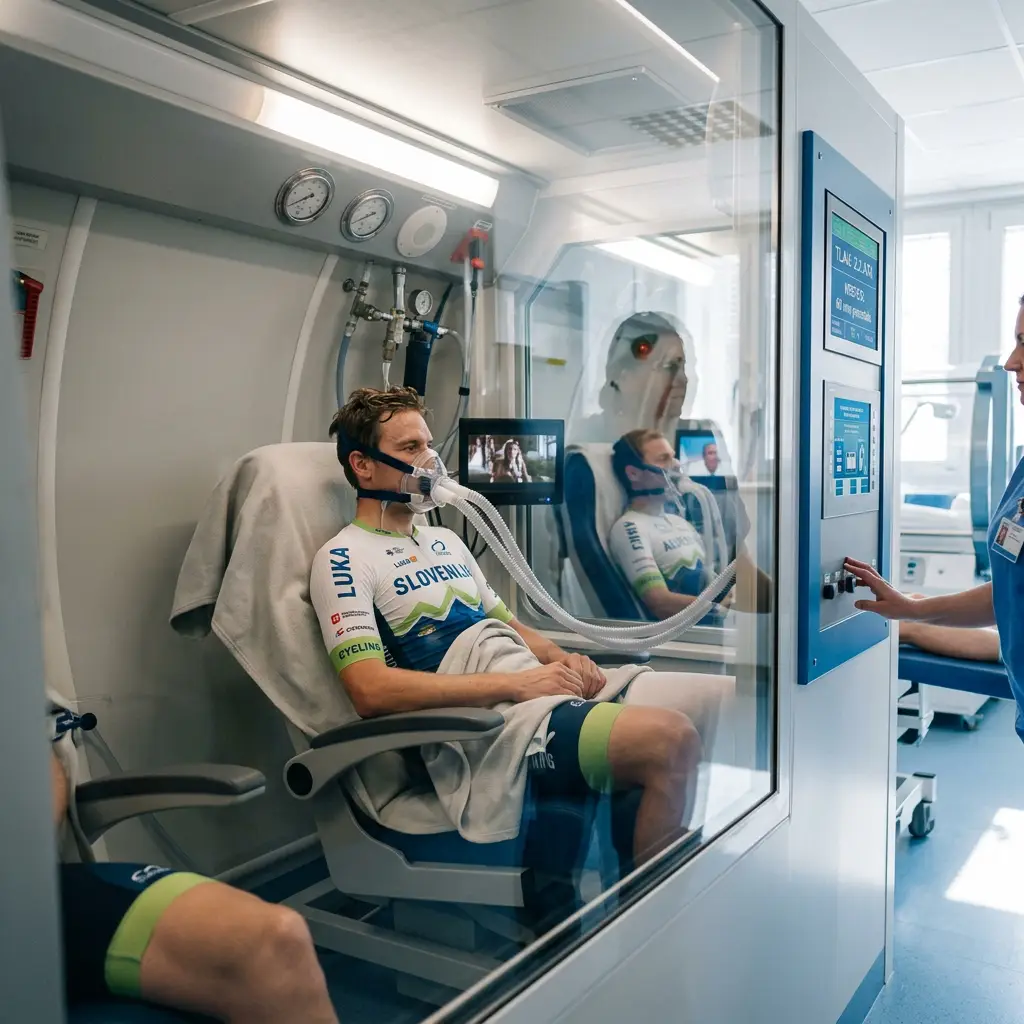 Cyclist sitting in a medical chamber wearing oxygen mask during therapy